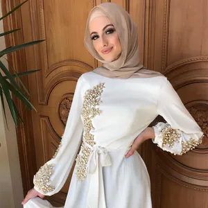 Custom Muslim lady abaya long dress women bead dress islamic embroidered abaya kaftan dress