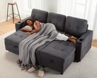 Canapé-lit en tissu en forme de L moderne avec ports de charge USB, porte-gobelets, fauteuils inclinables, rangement confortable pour chambre à coucher et salon