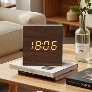 Wooden LED Digital Alarm Clock Square <b>Desk</b> Tabletop Voice Control Temperature Display USB Charging for Bedroom Office - Product Image 5