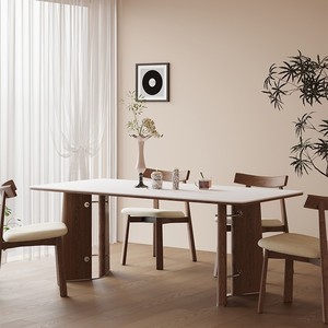 Mesa de Comedor de Madera Maciza de Travertino Blanco Puro, Madera de Fresno y Nogal, Estilo Moderno Minimalista, Muebles para Comedor - Product Image 1