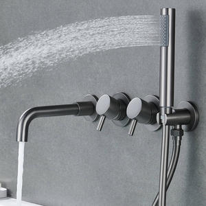 ชุดก๊อกน้ำอ่างอาบน้ำติดผนังแบบฝักบัวคู่ สแตนเลส 304 พร้อมสีเทาปืนและฝักบัวมือ - Product Image 1