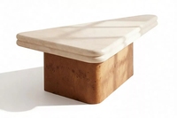 Meubles sur mesure de luxe privés, table basse en travertin avec base en bois de burl, surface émaillée en deux parties, dessin CAO, service VIP