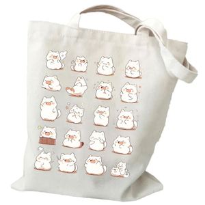 Sac fourre-tout en toile réutilisable pour femmes, imprimé de chats blancs mignons de dessin animé, vente en gros - Product Image 1