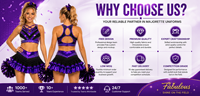 Ensemble d'uniforme de cheerleading personnalisé violet et noir avec strass métalliques, haut court à manches longues en maille à col montant et découpe en goutte d'eau, et jupe à volants étagés