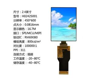 หน้าจอ AMOLED ขนาด 2.4 นิ้ว ความสว่าง 800nit ความละเอียด 450RGBx600 พร้อมอินเทอร์เฟซ SPI/MCU/MIPI, ไดรเวอร์ไอซี RM690B0, 16.7M - Product Image 1