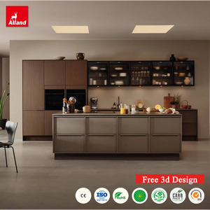 Ensemble de meubles en <span class=keywords><strong>bois</strong></span> de noyer plaqué, design moderne vintage, fabrication Alland, style Japandi, armoire de cuisine sans poignées, style Shaker fin. - Product Image 1