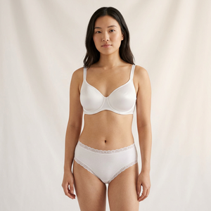 Ensemble soutien-gorge et culotte classiques blanc pur pour femme, soutien-gorge à armatures en satin lisse à couvrance totale, culotte en coton peigné, basique quotidien - Product Image 3
