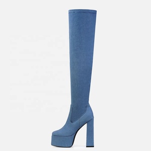 Botas elásticas de mezclilla para mujer, hasta el muslo, con plataforma, por encima de la rodilla, botines largos, punta cuadrada, zapatos de tacón grueso para mujer - Product Image 5
