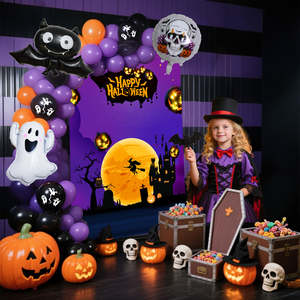 Kit d'arche de ballons gonflables pour décorations de fête, déguisements d'Halloween, avec support, thème citrouille et chauve-souris - Product Image 1