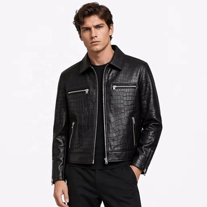 Chaqueta Trucker Personalizada de Cuero Vacuno con Grabado de Cocodrilo para Hombre, Negra, con Cierre Frontal, Bolsillo <span class=keywords><strong>en</strong></span> el Pecho, Cuello de Solapa, Chaqueta de Cuero Genuino, Fabricante OEM ODM - Product Image 1