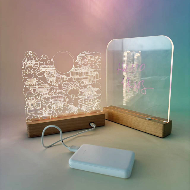 Decorative USB Rechargeable Custom Logo Acrylic Wooden Base Stepless Adjustable LED Clear Night Light Table 3D Lamp Home/Office