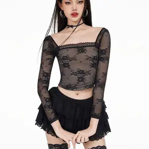 FS10027A 2024 New arrival clothes women sexy see through lace T shirt