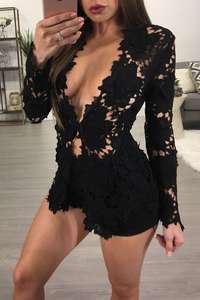 <span class=keywords><strong>Combinaison</strong></span> courte à manches longues pour femmes, à devant ouvert, transparente, en dentelle florale, sexy, pour soirée, club, bodycon - Product Image 5