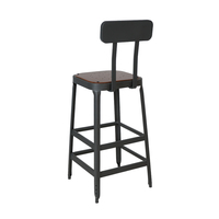 Tabouret de bar à dossier bas avec assise en bois et structure métallique, style industriel, pour cuisine, îlot, café, restaurant, pub, vente en gros