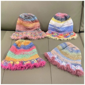 Chapeau bob à volants style peinture à l'huile, rayé, color-block, inspiré de la dopamine, en tricot chaud pour <span class=keywords><strong>femme</strong></span>, idéal automne-hiver - Product Image 1