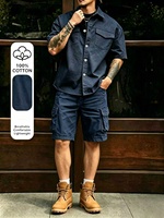 Ensemble 2 pièces en coton pour homme : chemise décontractée à manches courtes et short cargo, tenue de travail unie, ensemble veste en jean pour homme pour l'été