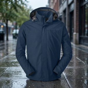 Custom <b>Men's</b> Outdoor Casual Stand Collar Hooded Waterproof Breathable Windproof <b>Racer</b> <b>Jacket</b> with Front Pocket Polyester - Product Image 3