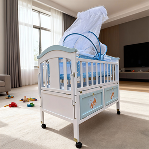 Cuna Multifuncional Azul con Mosquitero, Moderna Cuna Mecedora con Almacenamiento, Cuna de Madera para Bebés - Product Image 4