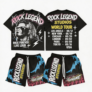 Ensemble T-shirt et short surdimensionné personnalisé, style Y2K Cyberpunk, imprimé graphique néon moto, ensemble court d'été pour homme - Product Image 2