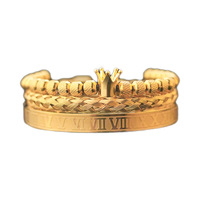 Ensemble de bracelets en acier titane vintage avec couronne en zircon incrustée de cuivre à lettres romaines transfrontalières, bracelet ouvert en maille électro-plaqué