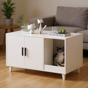 Table de salon blanche pour animaux de compagnie avec rangement, enclos pour litière de chat, mobilier moderne pour salon, taille moyenne, construction en bois - Product Image 2