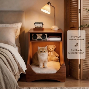 Mesa de Noche Contemporánea de Madera Maciza con Cama para Gatos y Almacenamiento, Diseño Duradero para Dormitorio, Apartamento y Sala de Estar - Product Image 2