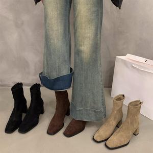 Fashion Ladies Short Boots Pointed Toe Suede Chunky Mid Heels Side Zipper Women <b>Ankle</b> Boots - Product Image 5