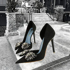 New Women Luxury PU Leather Rhinestone Bowknot Buckle Slip-On Thin Heels <b>Shoe</b> Wrap-toe Shallow Pumps <b>Ladies</b> Party Banquet <b>Shoes</b> - Product Image 3