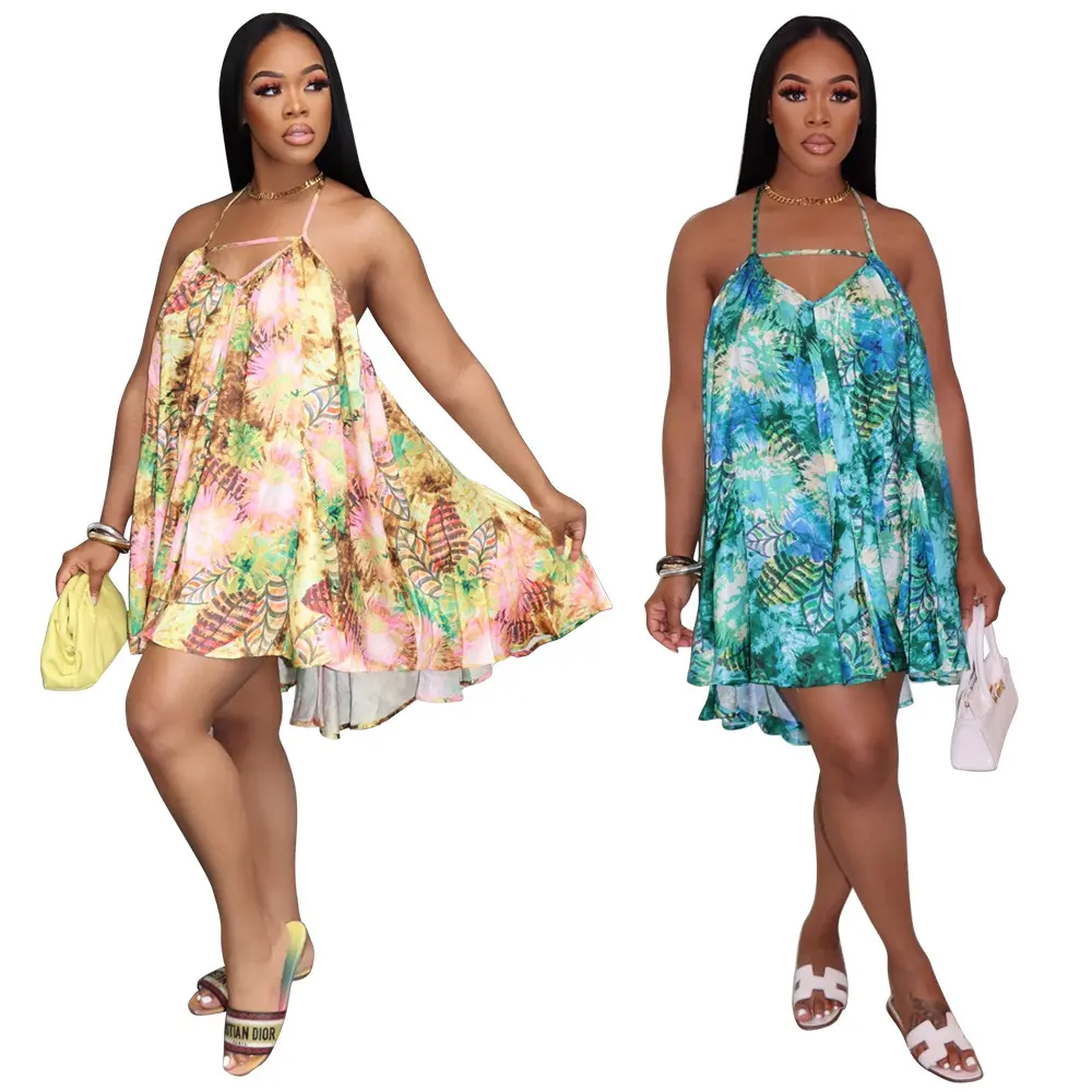 Enyen Summer Floral Print Sling Sexy Backless Dress For Women Beach Style Casual Loose Short Dresses for female mujer