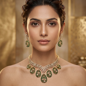 Parure de collier ras-du-cou et boucles d'oreilles de mariage vert émeraude en moissanite, aspect diamant de luxe, bijoux de mariée de créateur, Inde - Product Image 1