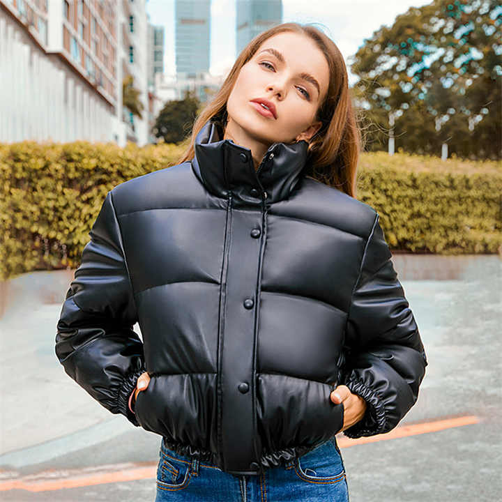 Women PU Leather Coat Stand Collar Short Coat Cotton Jacket Bubble 