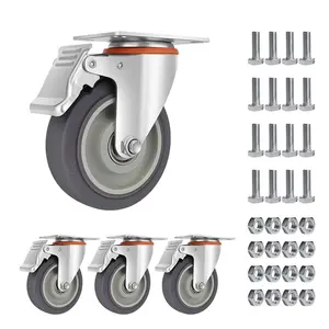4pcs Silent Locking Caster Wheels with Brake - 3""/4""/5"" Swivel Plate Castors for No Floor Marks and Easy Mobility