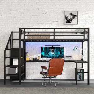 Modern Full Size Metal <strong>Loft</strong> <strong>Bed</strong> Frame <strong>Desk</strong> Power Outlet Wardrobe Adjustable Shelf for Bedroom Apartment Use ODM/OEM Available - Product Image 2