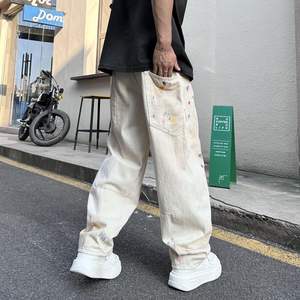 Amerikan moda marka erkek yaz rahat pantolon boyalı Graffiti geniş bacak Scimitar kot gevşek düz katı Denim yıkanmış - Product Image 2
