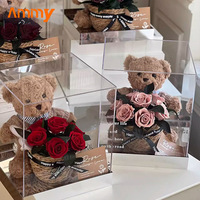 AM-PFE95 Boîte à fleurs en acrylique avec ours en peluche Ammy, décoration d'intérieur, cadeau de fête pour Noël, Halloween, Saint-Valentin