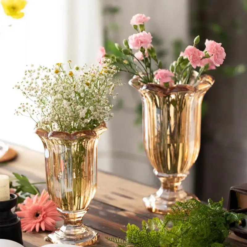 Retro Hotel High Foot Relief Thickened Glass Vase Petal Saliva Crystal Transparent Flower Arrangement Decoration