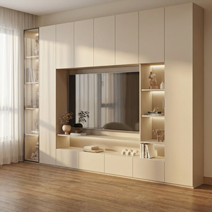 <span class=keywords><strong>Meuble</strong></span> TV mural intégré avec étagères ouvertes et tiroirs, mobilier <span class=keywords><strong>de</strong></span> rangement moderne et minimaliste pour salon - Product Image 1
