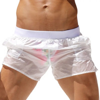 Offre Spéciale Sexy hommes Transparent blanc maillot de bain séchage rapide Shorts de plage avec surf Boardshorts 1 pièce vêtements de plage pour hommes