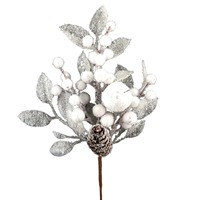 Weiße künstliche Beeren- und Apfel-Weihnachtszweige, gefrostet, 30 cm, florale Baumschmuck-Dekoration, verpackt für Weihnachtsfeier und Zuhause