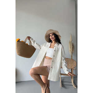 Chemise en denim de lin à manches longues pour femme, haut en coton respirant avec poches, style décontracté d'été - Product Image 2