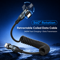 Câble Type-C rétractable A59 PD240W |   Câble de données USB-C pour téléphone et ordinateur portable, charge rapide 5A, cordon spiralé en nylon tressé à rotation 540°