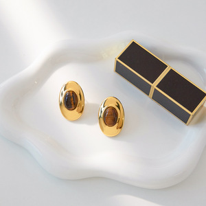 Tiger's Eye <b>Stud</b> Earrings 18K Gold Plated <b>Titanium</b> Steel Oval Geometric Party Jewelry Bezel Setting Stainless Steel Posts - Product Image 4