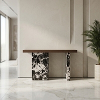 Table console moderne contemporaine avec base en marbre artificiel et plateau en bois pour salon, chambre, villa, hôtel, décoration