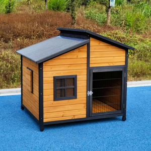 Perreras para perros de doble habitación Casa para perros de madera grande para exteriores con techo a prueba de lluvia, placa parasol - Product Image 4