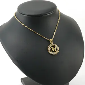 18K Gold Plated Stainless Steel 26 Letter Necklace Circular Inlaid Diamond Pendant Charm Women Necklace