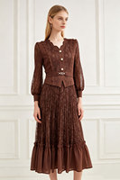 Robe plissée taille unique pour femme, manches longues lanternes, col en V ondulé, couleur unie, longueur midi, en dentelle, collection printemps-automne