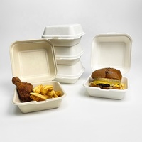 Caja tipo concha de 6x6 pulgadas, desechable, de caña de azúcar, contenedor de bagazo para alimentos, biodegradable, compostable, para llevar, para hamburguesas