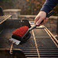 Brosse de nettoyage double face en nylon avec lame grattoir 430 et tampon à récurer, manche en PP pour barbecue et cuisine