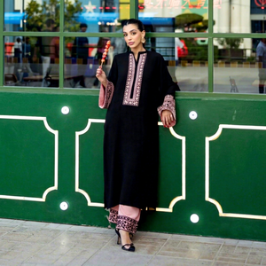 Women <b>Modest</b> Embroidered Rayon Cotton Floor-Length Loose Fit Abaya <b>Dress</b> Long Sleeve Islamic <b>Dress</b> Set Quick Dry Black Pink All - Product Image 1