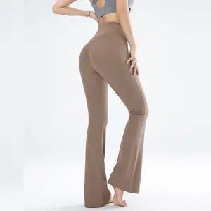 Women sports bell-bottoms leggins fitness nude high elastic flared trousers yoga high waist no front seam flare leggings